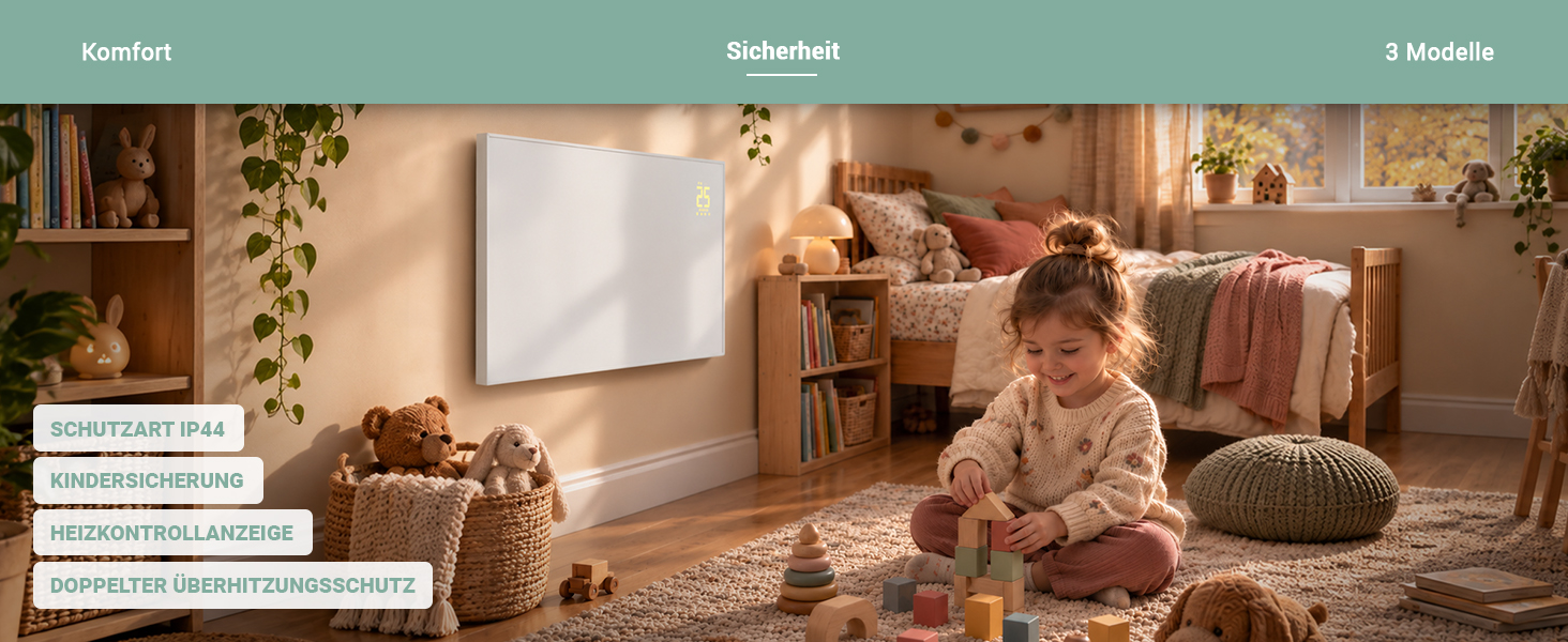 Heidenfeld Infrarotheizung HF-HP140 – Sicherheit im Kinderzimmer Heidenfeld Infrarotheizung HF-HP140 im Kinderzimmer mit IP44, Kindersicherung, Heizkontrollanzeige und doppeltem Überhitzungsschutz.